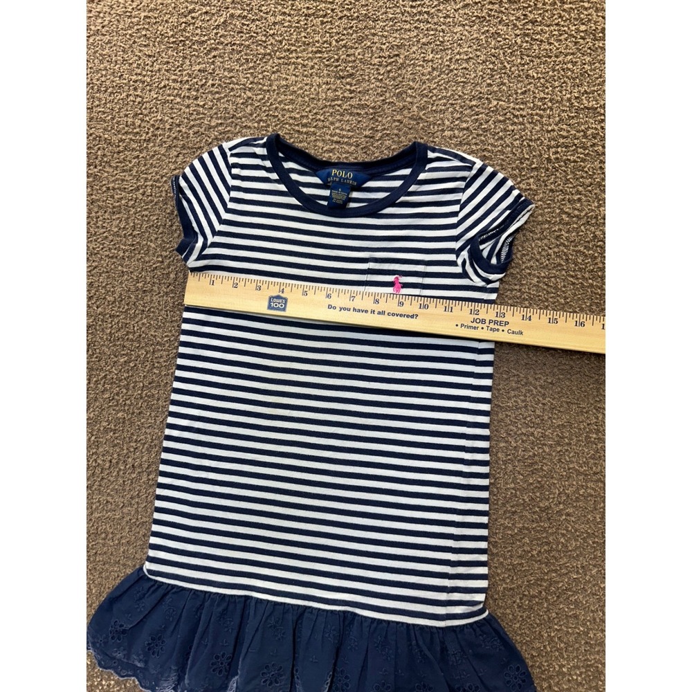 Polo Ralph Lauren Girls Navy White Striped Eyelet Ruffle Hem Dress Size 6 - Picture 5 of 5